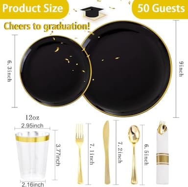 KIRE 350 PCS Plastic Dinnerware Set for 50 Guests - Black and Gold Plates 50 for Dinner 50 for Dessert & 50 Pre Rolled Napkins with Disposable Silverware 50 Cups for Halloween Party/Banquet/Wedding - Image 3
