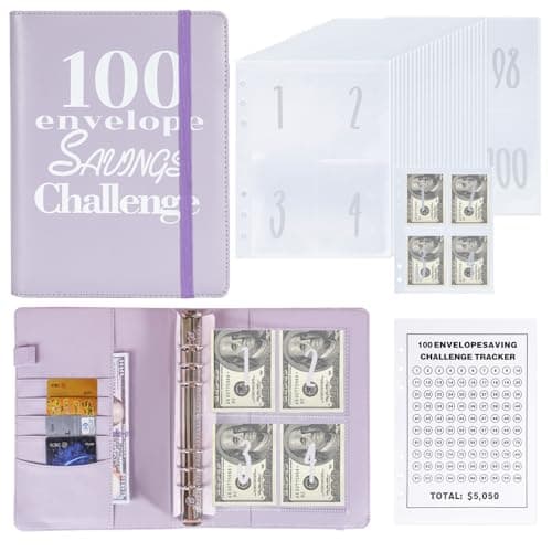 NICOOTH 100 Envelopes Money Saving Binder A5 Savings Challenge Book (Purple) - Image 1