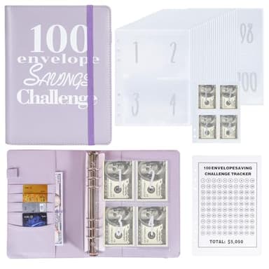 NICOOTH 100 Envelopes Money Saving Binder A5 Savings Challenge Book (Purple) - Image 1