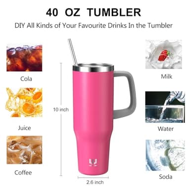 40 oz Insulated Tumbler with Handle, Stainless Steel Straw and silicone sleeves, Leakproof Travel Mug for Water, Iced Tea or Coffee, Insulated Cup Gifts for Women & Men, Strawberry Red - Image 4