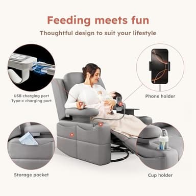 MAMAZING Rocking Chair Nursery with Adjustable Armrests, Electric Glider Recliner Nursing Chair for Breastfeeding, Power Swivel Recliner Chairs with USB Port and Storage, FSC Certified (Haze) - Image 8