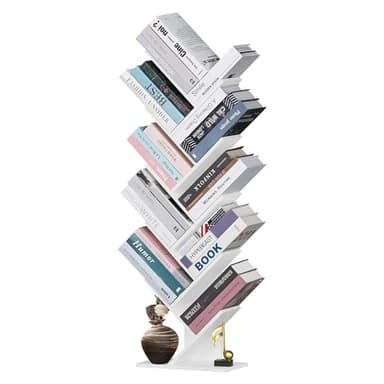 SHEEPAM 10 Tier Tree Book Shelf, Floor Standing Wood Bookshelf for Narrow Space, Storage Organizer Bookshelves for Books/CDs/Magazine, Bookcase with Shelves for Home Office, Living Room - White - Image 9