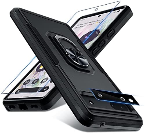 Janmitta for Google Pixel 6a Case with Screen Protector+Camera Lens Protector,Heavy Duty Shockproof Full Body Phone Cover,Built in Metal Ring Holder Kickstand,2022 Black Matte - Image 1