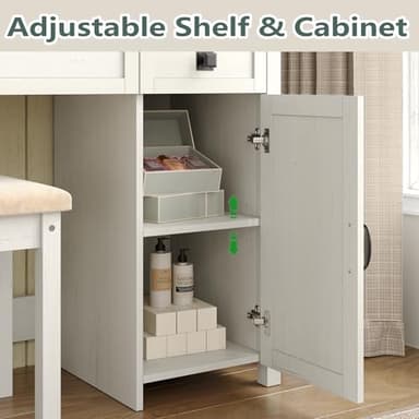 Furniouse 41.6'' Farmhouse Vanity Desk with Mirror and Lights, Makeup Vanity with Large Drawers & Adjustable Shelves, Modern Vanity Set with Stool for Bedroom, Off White - Image 6