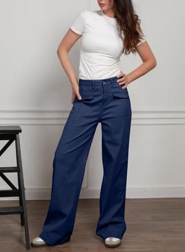 Dokotoo Women's Pants High Waisted Cargo Pants Women Baggy Jeans for Women Straight Wide Leg 2025 Spring Outfits Fashion Clothes Casual Trendy Pocket Teen Girls Trousers Stretch Denim Green - Image 2