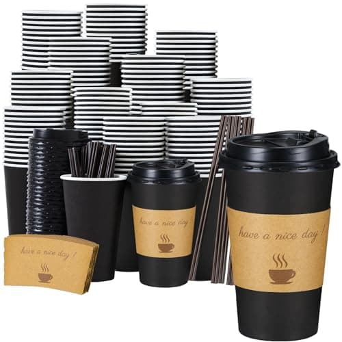 Lamosi 16 oz Coffee Cups 50 Pack, Disposable Coffee To Go Cups with Lids, Stir Sticks and Sleeves, 16 oz Black Hot Paper Cup for Home, Travel, Office - Image 1