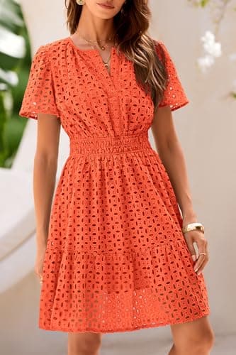 PRETTYGARDEN Womens 2025 Summer Short Dress V Neck Short Sleeve A Line Hollow Out Lace Ruffle Cute Casual Beach Party Dresses (Orange,Medium) - Image 5
