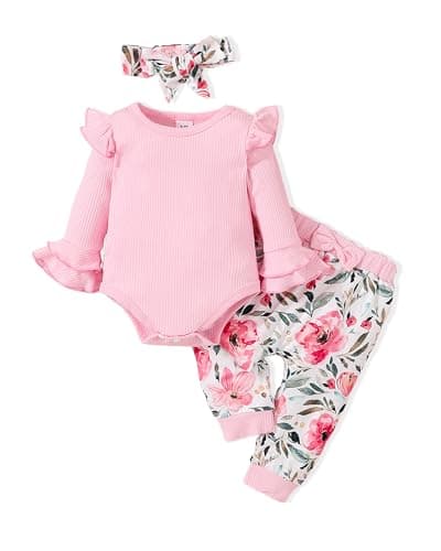 Doresbebe 3-6 Months Baby Girl Clothes Newborn Outfit Infant Romper Fall Winter Deer Pant Set Ruffle Long Sleeve Rib Solid Top Headband Pink - Image 1