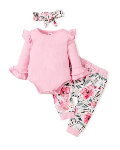 Doresbebe 3-6 Months Baby Girl Clothes Newborn Outfit Infant Romper Fall Winter Deer Pant Set Ruffle Long Sleeve Rib Solid Top Headband Pink - Image 1