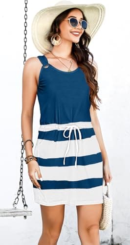 ETCYY Womens Causal Summer Dress Striped Sleeveless Waist Tie Front Romper A- Line Mini Short Sun Dresses with Pockets,Striped Navy,Medium - Image 4