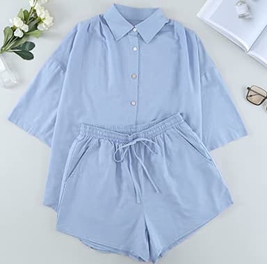 Fixmatti Women 2 Piece Outfit Linen Short Set Button Down Shirt High Waisted Shorts Blue M - Image 6