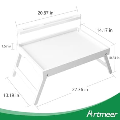 Artmeer Bed Tray Table with Folding Legs, Bamboo Breakfast Food Tray with Media Slot, Use As Platter, Laptop Desk, Snack, TV Tray Kitchen Serving Tray (White Extra-Large Size) - Image 2