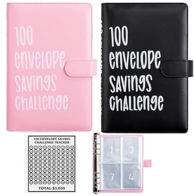 2PCS 100 Envelopes Money Saving Challenge, Envelopes Challenge Binder, Achieving Financial Goals with a Budget Binder and Cash Envelopes, Successfully Reach Your Savings Goals of $5,050 (Pink+Black) - Image 1