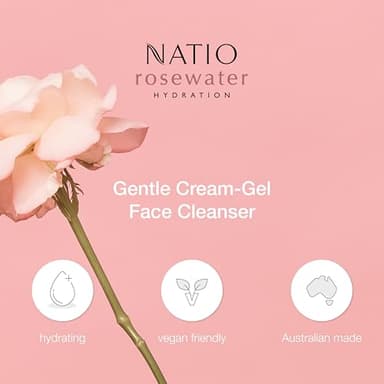 Natio Australia Rosewater Hydration Gentle Cream-Gel Face Cleanser, 3.3 oz - Facial Cleanser with Rosewater - Travel Size Face Wash for All Skin Types - Image 4