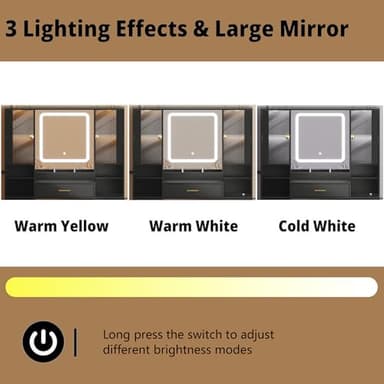 BORNOON Makeup Vanity with LED Light Strip Mirror and Chair, 7 Drawers & 2 RGB Cabinets Black Vanity Makeup Desk with Power Strip, Adjustable LED Lighting, and Cushioned Stool for Women, Girls, Teens - Image 5