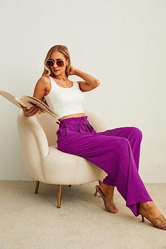 IWOLLENCE Women's Wide Leg Pants with Pockets High Waist Adjustable Knot Loose Casual Trousers Teacher Outfits Pants Dragon Fruit red X-Large - Image 4