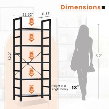 Sweetcrispy Book Shelf, 5 Tier Bookcase, Modern Tall Bookshelf for Garage Kit, CDs, Movies, Industrial Corner Storage Organizer for Bedroom Home Office Kitchen Living Room, Black - Image 3