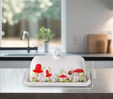Mushroom Butter Dish With Lid For Countertop Ceramic Butterdish Mushroom Kitchen Decoration Cute Butter Holder Covered Red Mushroom Rabbit Painting Butter Container Large Mantequillera Butter Tray - Image 6