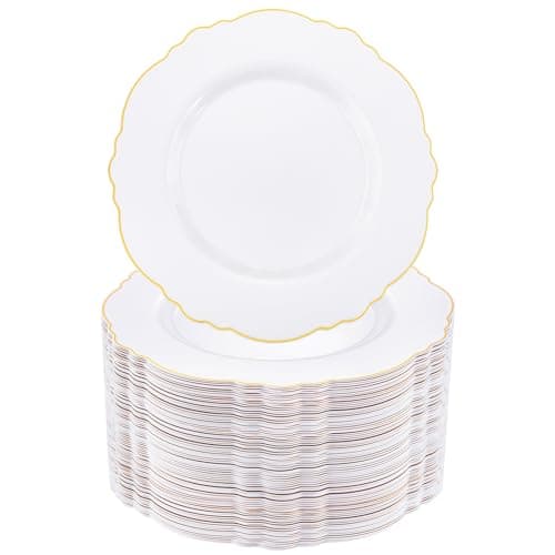WDF 60pcs Gold Plastic Dinner Plates -10.25inch Baroque White and Gold Wedding Plates Fancy Heavy Duty Fall Plastic Plates for Upscale Thanksgiving Parties & Wedding & Birthday - Image 1