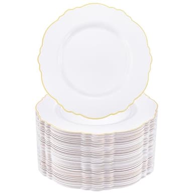 WDF 60pcs Gold Plastic Dinner Plates -10.25inch Baroque White and Gold Wedding Plates Fancy Heavy Duty Fall Plastic Plates for Upscale Thanksgiving Parties & Wedding & Birthday - Image 1