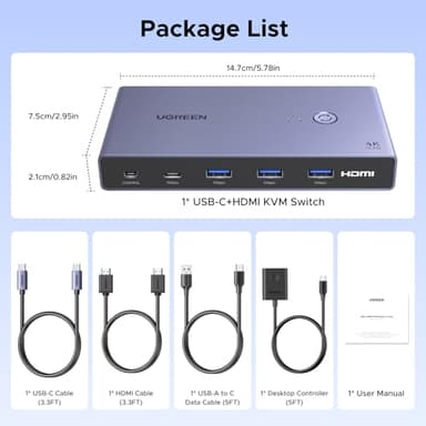 UGREEN USB-C+HDMI KVM Switch 1 Monitor 2 Computers with 4 USB 3.0 Ports 4K@60Hz Aluminum for 1 Laptop & 1 Desktop Share One Monitor Keyboard Mouse Printer with 1 HDMI Cable+2 Type-C Cables - Image 9