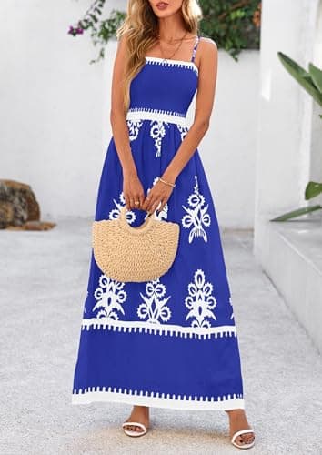 PRETTYGARDEN Summer Dress for Women 2025 Floral Sundress Spaghetti Strap Flowy Beach Vacation Boho Maxi Dresses (Royal Blue White Floral,Small) - Image 7