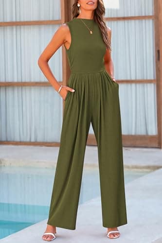 PRETTYGARDEN Womens Summer Jumpsuits Dressy Casual One Piece Outfits Sleeveless Mock Neck Wide Leg Pants Rompers with Pockets (Army Green,Large) - Image 7