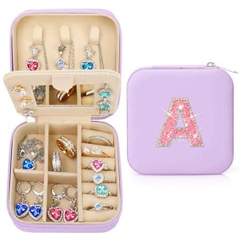Nuozme Bling Sparkly Initial Jewelry Case,Personalized Gifts for Teen Girls,Kids,Women,Brides, Bridesmaids, Glitter Rhinestone Travel Jewelry Box,Easter Birthday Christmas Gifts, Small Size (Purple A) - Image 1