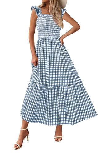 PRETTYGARDEN Women's Summer Dress Casual Square Neck Ruffle Strap Gingham Smocked Midi Flowy A Line Beach Vacation Sun Dresses 2025 (Dark Blue, XXL) - Image 1
