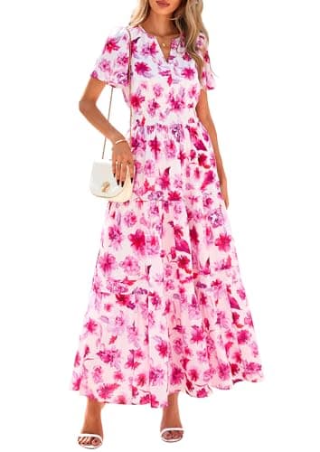 PRETTYGARDEN Women's 2025 Summer Boho Maxi Dresses Floral Short Sleeve V Neck A Line Tiered Flowy Long Beach Vacation Dress (White Pink Floral,Large) - Image 1