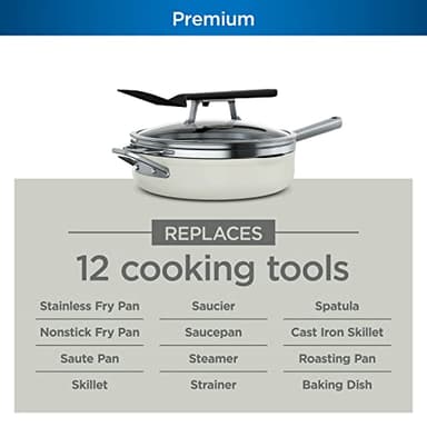 Ninja CW102WH Foodi NeverStick PossiblePan, Premium Set with 4-Quart Capacity Pan, Steamer/Strainer Basket, Glass Lid & Integrated Spatula, Nonstick, Durable & Oven Safe to 500°F, Vanilla Bean - Image 2