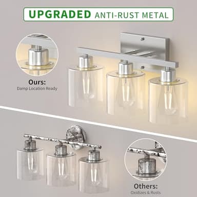 Phaosio Bathroom Vanity Light Fixtures 3-Light Wall Sconce, Brushed Nickel Mirror Light with Clear Glass Shade, Easy Install Bedroom Hallway Lighting, E26 Base - Image 5