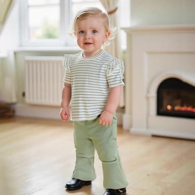 Demdzq Toddler Baby Girl Summer Clothes Striped Ruffles Short Sleeve T-Shirt Top Elastic Flare Pants Infant Spring Clothes (Cute Green, 2-3T) - Image 2