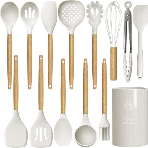 Silicone Cooking Utensils Set - 446°F Heat Resistant Silicone Kitchen Utensils for Cooking,Kitchen Utensil Spatula Set w Wooden Handles and Holder for Non-Stick Cookware, BPA FREE (Cream White) - Image 1