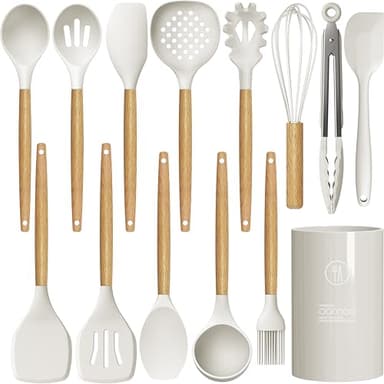 Silicone Cooking Utensils Set - 446°F Heat Resistant Silicone Kitchen Utensils for Cooking,Kitchen Utensil Spatula Set w Wooden Handles and Holder for Non-Stick Cookware, BPA FREE (Cream White) - Image 1
