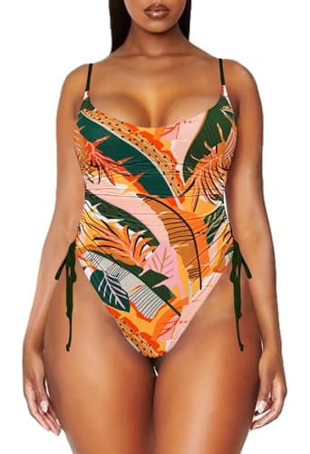 Viottiset Women's Drawstring One Piece Swimsuit Tummy Control High Cut Cheeky Bathing Suit Green Printed Pattern XL - Image 2