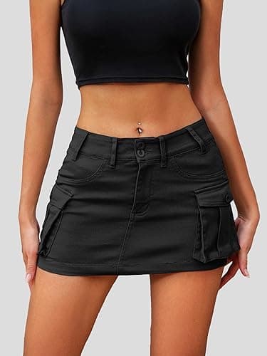 ELLEVEN Mini Cargo Skirts for Women High Stretchy, Low Waist Y2k Skirt Button Cute Denim Bodycon Jean Skirt with Pocket Black Medium - Image 4