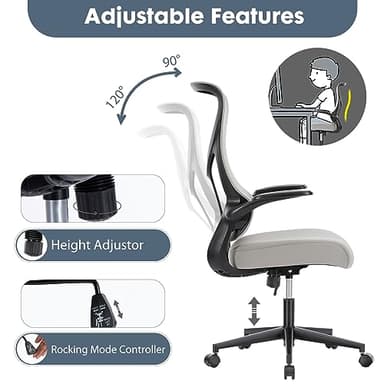 Sweetcrispy High Back Office Chair - Ergonomic Computer Gaming Mesh Chairs with Lumbar Support, with Soft Flip Up Arms, Adjustable Height and 360° Wheels, 120° Rocking Mode, Light Grey - Image 5