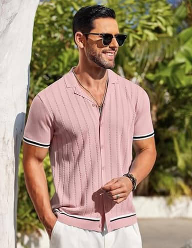 COOFANDY Contrast Knitted Shirt for Men Vintage Polo Shirt Short Sleeve Light Pink - Image 3
