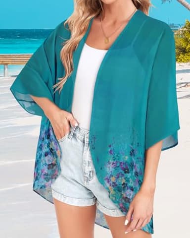 Kimonos for Women Beach Cover up Summer Tops Floral Cardigan Hawaiian Shirts Open Front Resort Wear (Blue Green Flowers,2XL) - Image 4