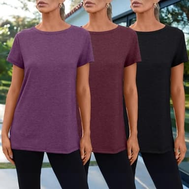 SUNBS Womens 3 Pack T-Shirts Short Sleeve Summer Tops Fashion Basic Tees Comfy Casual Vacation Outfits Workout Clothes 2025 PurpleWineredBlack M - Image 2