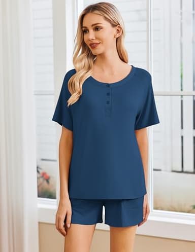 Ekouaer Womens Pajamas Set Short Sleeve Sleepwear 2 Piece Lounge Sets with Pockets Navy Blue, Large - Image 2