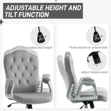 Vinsetto Home Office Chair, Velvet Computer Chair, Button Tufted Desk Chair with Swivel Wheels, Adjustable Height, and Tilt Function, Light Gray - Image 5