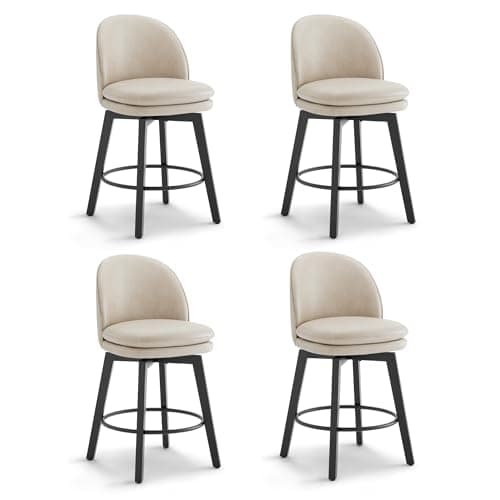 Counter Height Barstools 26 inch Upholstered Swivel Bar Stools with Back and Wood Legs for Kitchen Island,Set of 4,Beige PU Leather-Armless - Image 1