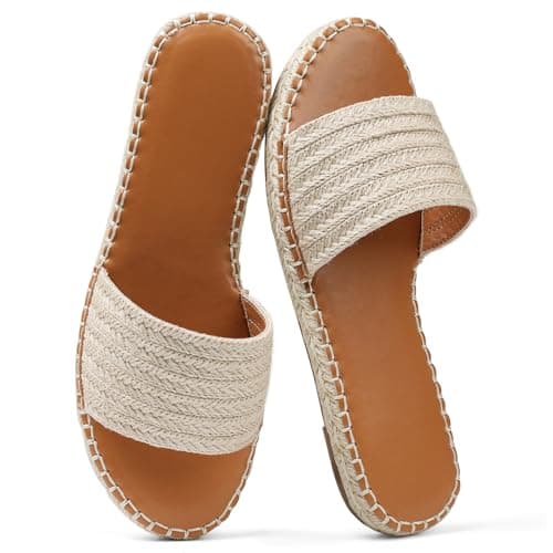 Tscoyuki Womens Flat Sandals Dressy Summer Slip On Resort Womens Sandals Raffia Beach Sandals Open Toe Espadrille Slides - Image 1