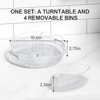 LAMU Lazy Susan Organizer Turntable for Cabinet with 4 Removable Dividers Bins, Rotating Organizer for Medicine Cabinet, Kitchen, Countertop, Pantry, Fridge, Bathroom Counter, 10.6 inch, Clear - Image 6