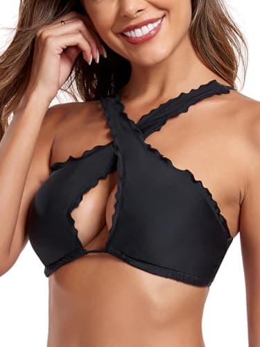 RELLECIGA Women's Black Wavy Halter Bikini Top Criss Cross Cutout Bathing Suit Size X-Large - Image 2