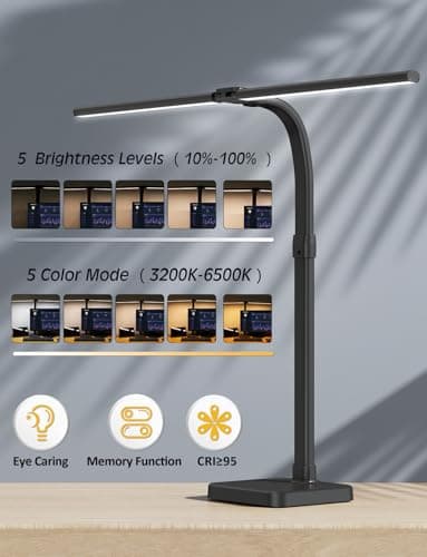 AKRRYR LED Desk Lamp for Home Office, Double Head 24W with Base, Architect Light 5 Lighting Brightness Flexible Gooseneck Table Reading Study, Black - Image 2