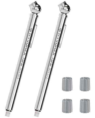 Pencil Tire Pressure Gauge 2 Pack with Valve Caps, Stainless Steel Body Tire Gauges for Tire Pressure with Deflator Valve, Metal Nozzle Tire Gauge for Cars, Pickups, RVs, Bicycles - Image 1