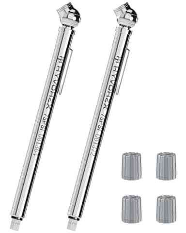 Pencil Tire Pressure Gauge 2 Pack with Valve Caps, Stainless Steel Body Tire Gauges for Tire Pressure with Deflator Valve, Metal Nozzle Tire Gauge for Cars, Pickups, RVs, Bicycles - Image 1